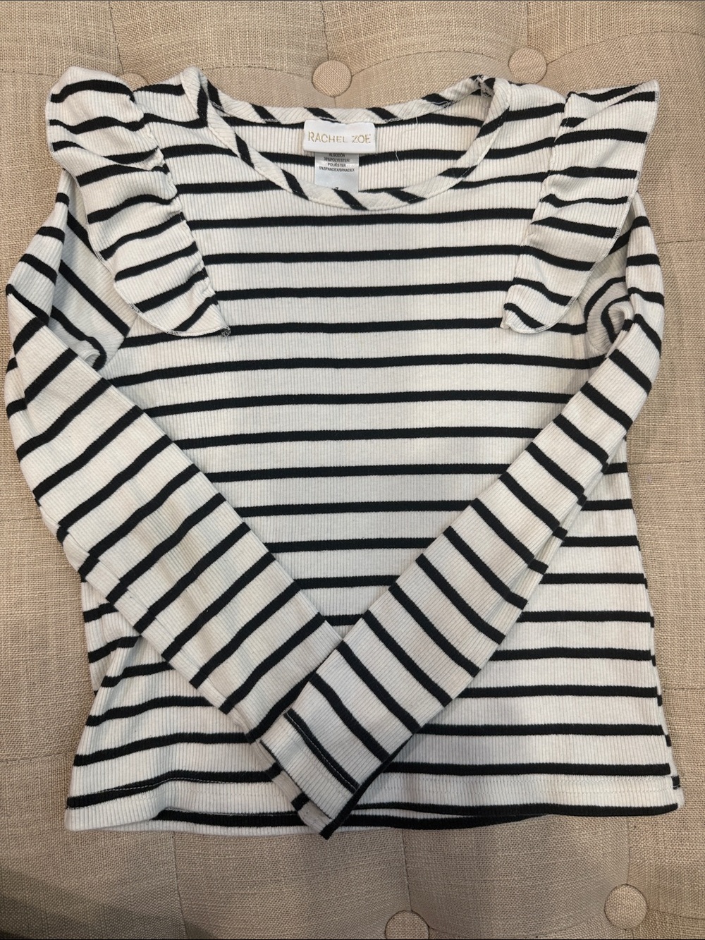 Rachel Zoe White and Black Striped Ruffle Shoulder Sweater